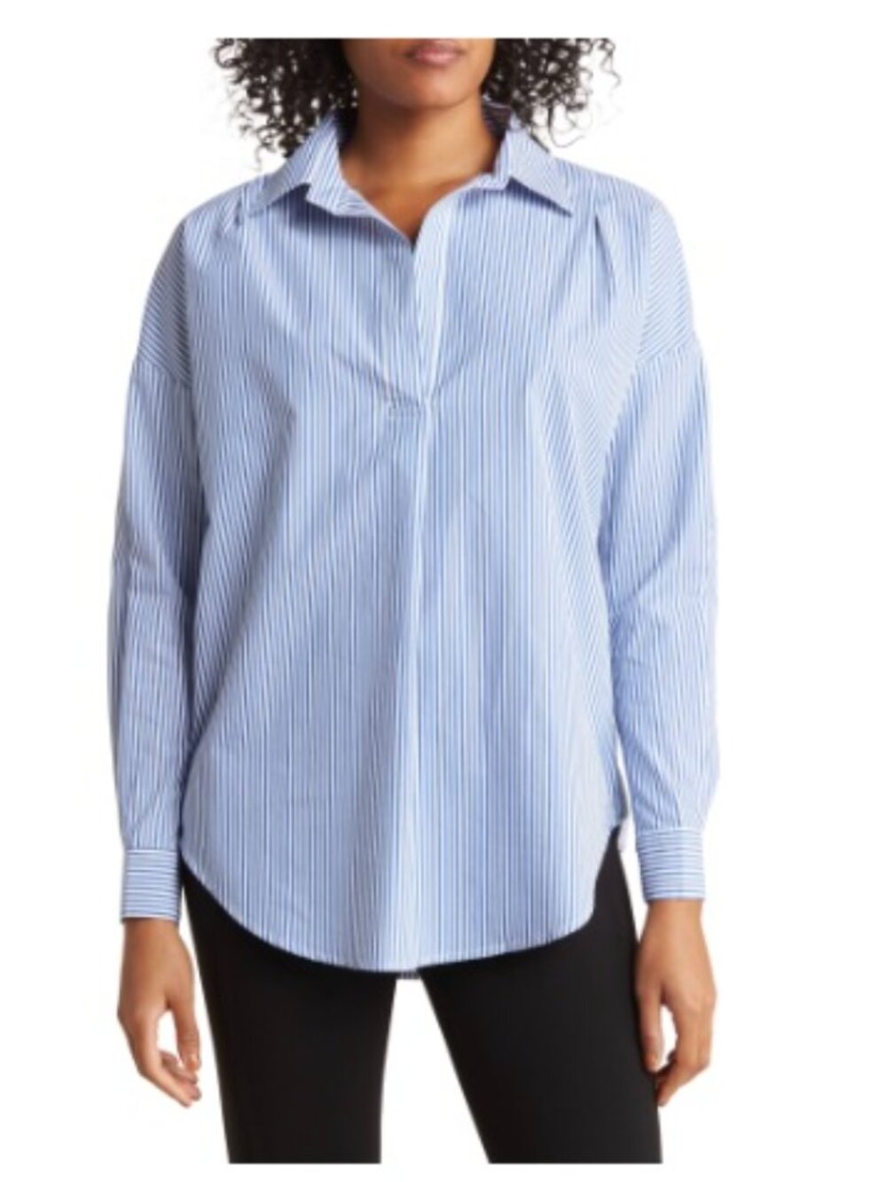 T Tahari Oversized Poplin Tunic Shirt Blue White Stripe Size XL